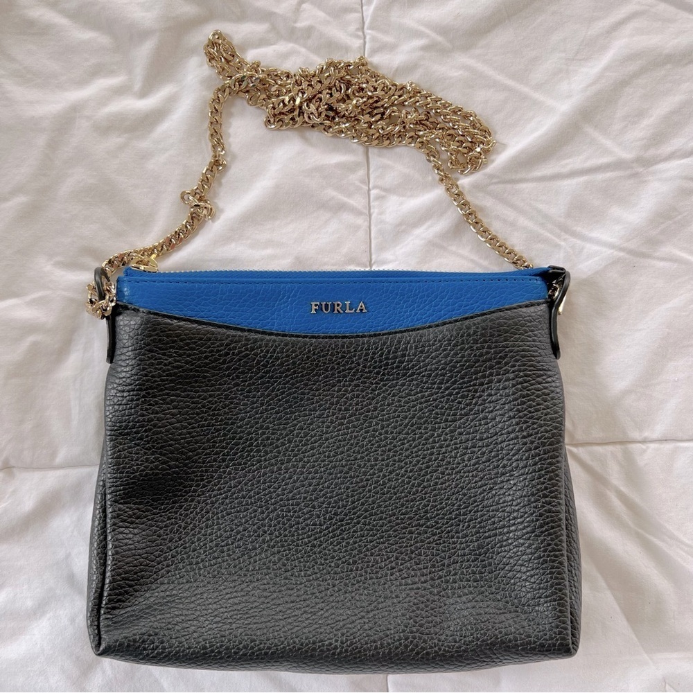 Furla | Black and Blue Leather  Crossbody Bag with Gold Chain